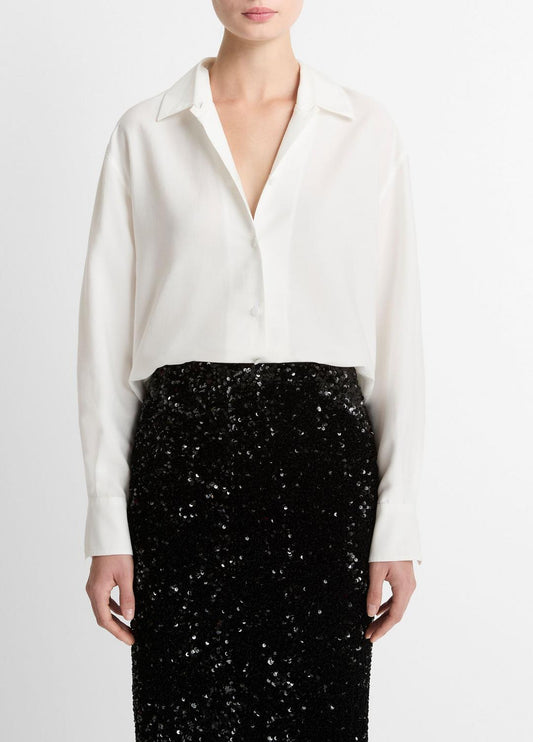 Refined Twill Covered-Button Shirt in Long Sleeve | VINCE Women
