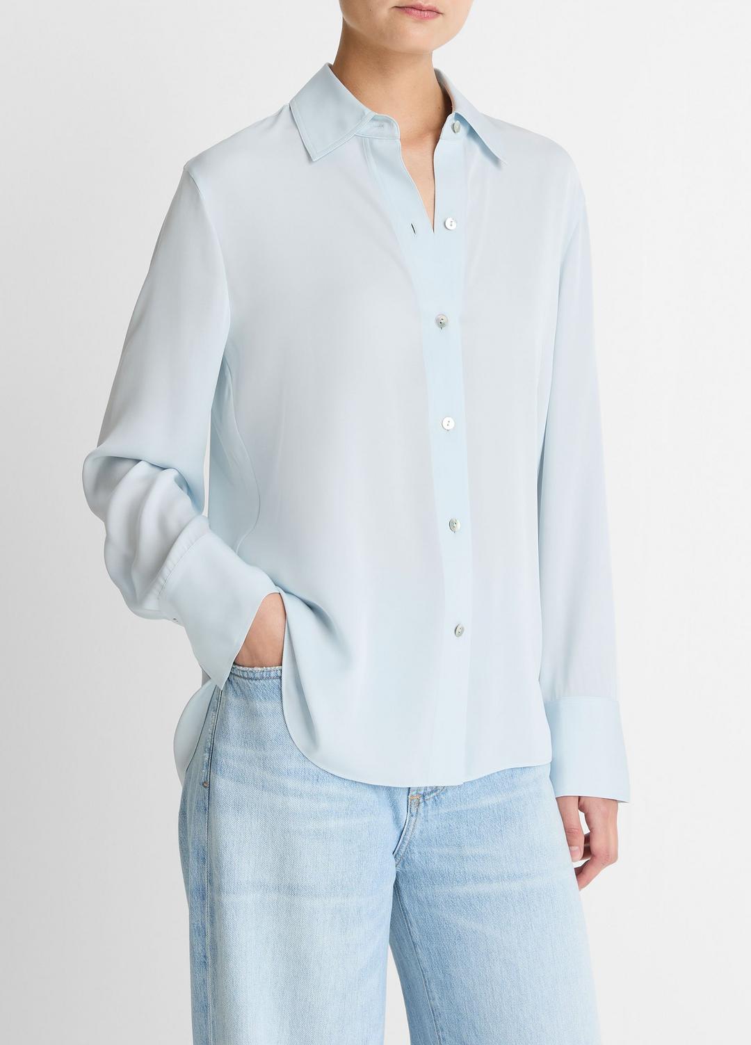 Stretch-Silk Button-Front Blouse in Long Sleeve | VINCE Women
