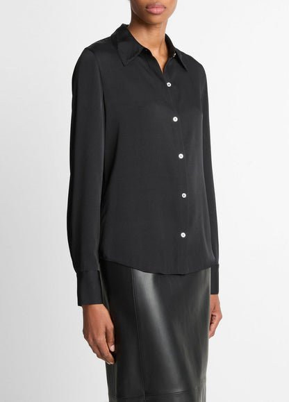 Silk-Blend Slim Button-Front Blouse in Long Sleeve | VINCE Women