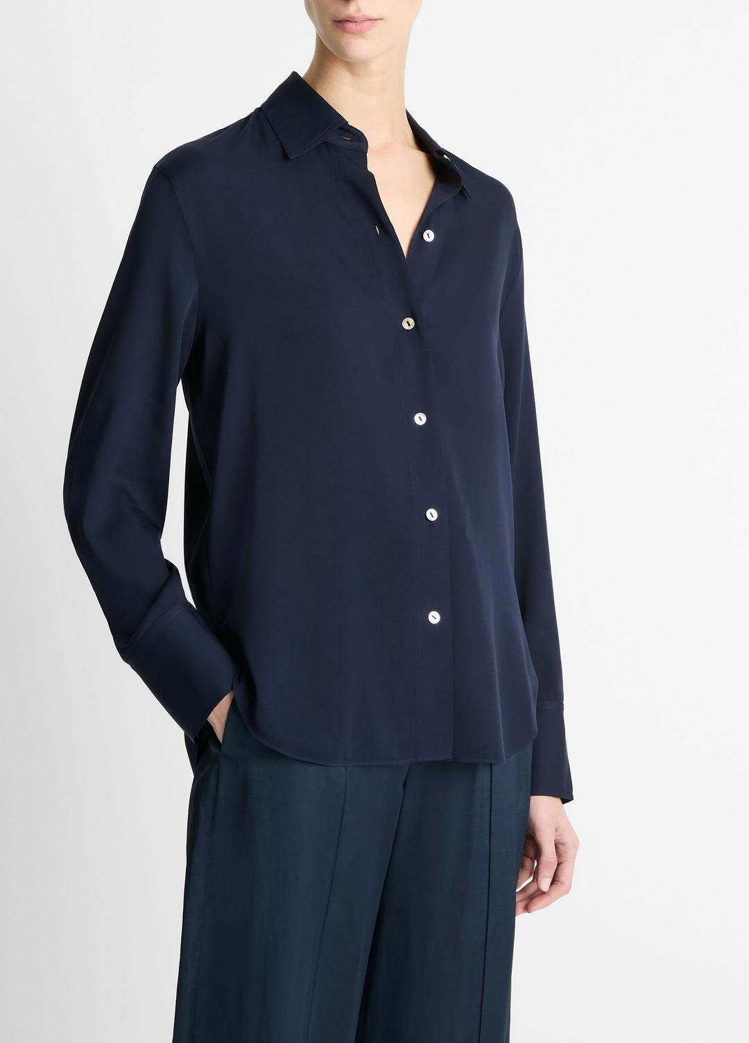 Stretch-Silk Button-Front Blouse in Long Sleeve | VINCE Women