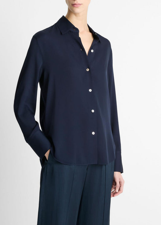 Stretch-Silk Button-Front Blouse in Long Sleeve | VINCE Women