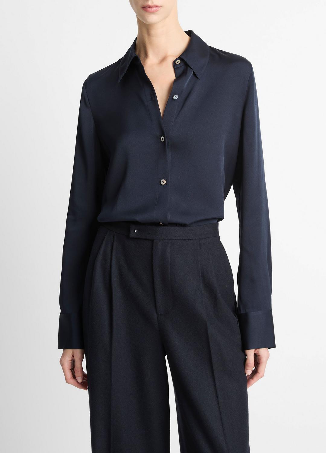 Silk-Blend Slim Button-Front Blouse in Long Sleeve | VINCE Women
