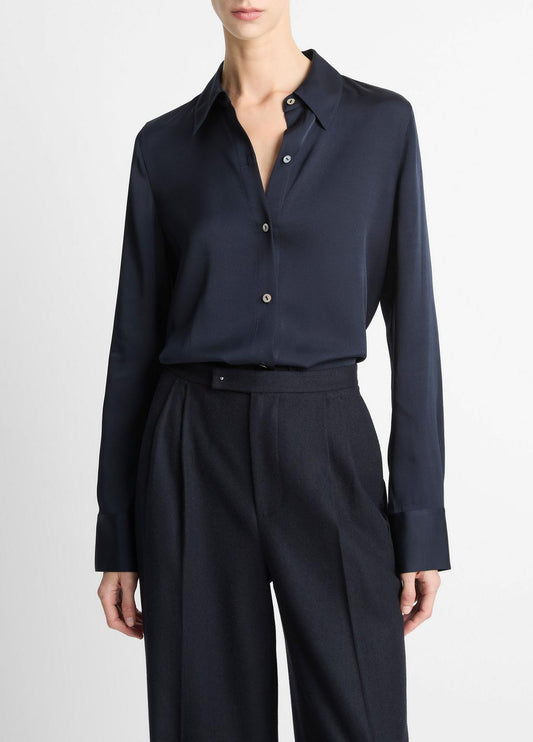 Silk-Blend Slim Button-Front Blouse in Long Sleeve | VINCE Women