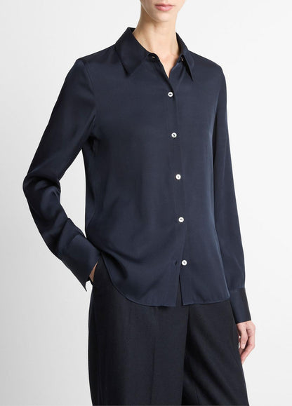 Silk-Blend Slim Button-Front Blouse in Long Sleeve | VINCE Women