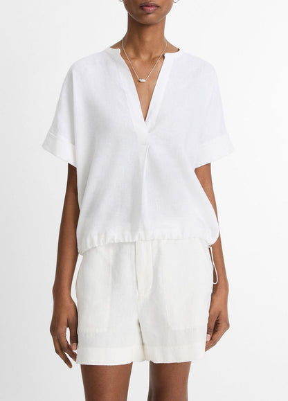 Linen Drawcord-Hem Blouse in Short Sleeve | VINCE Women