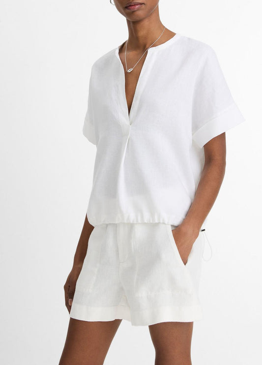 Linen Drawcord-Hem Blouse in Short Sleeve | VINCE Women