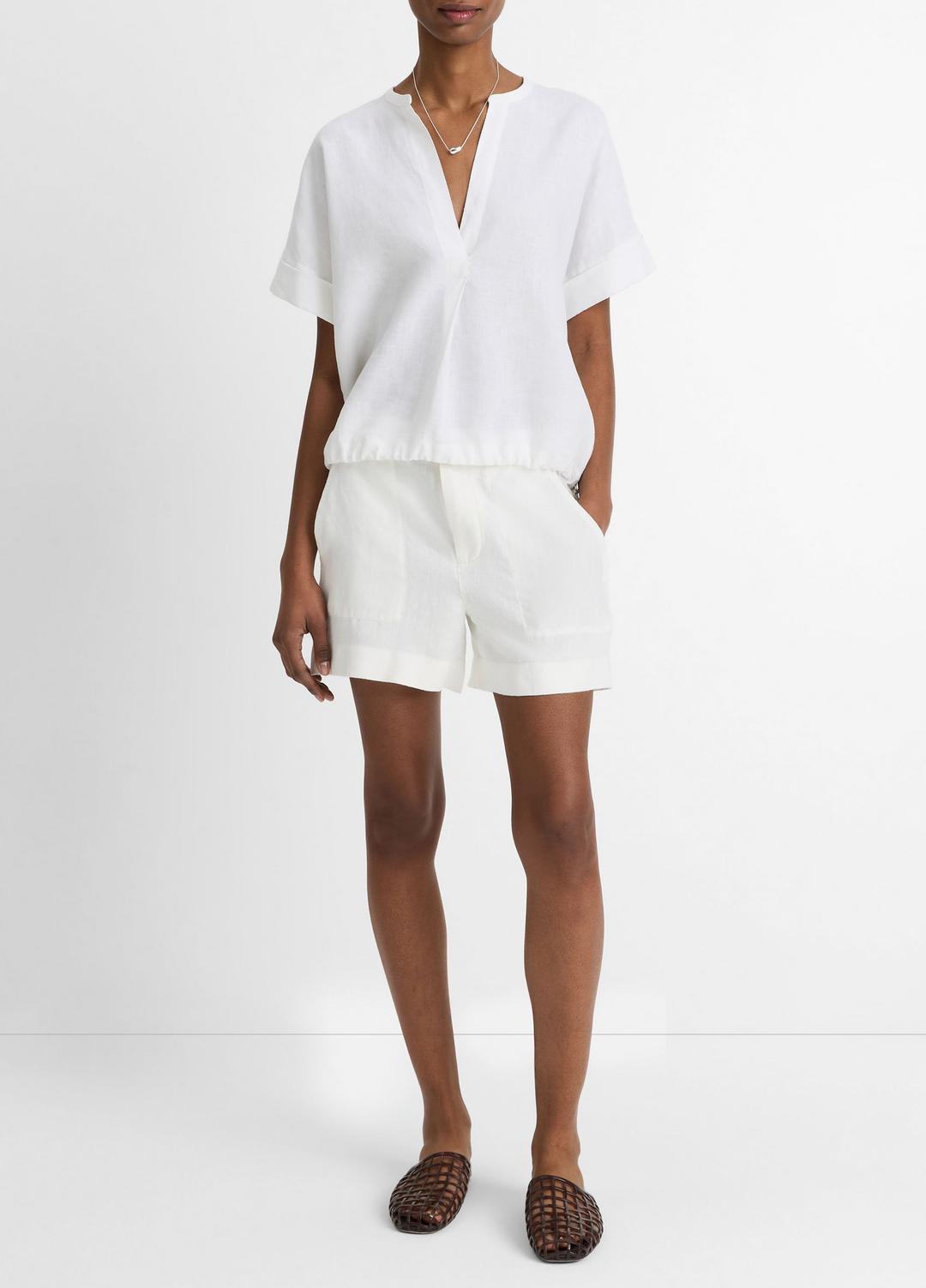 Linen Drawcord-Hem Blouse in Short Sleeve | VINCE Women
