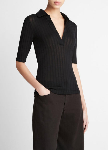 Cotton Elbow-Sleeve Polo Shirt in Short Sleeve | VINCE Women