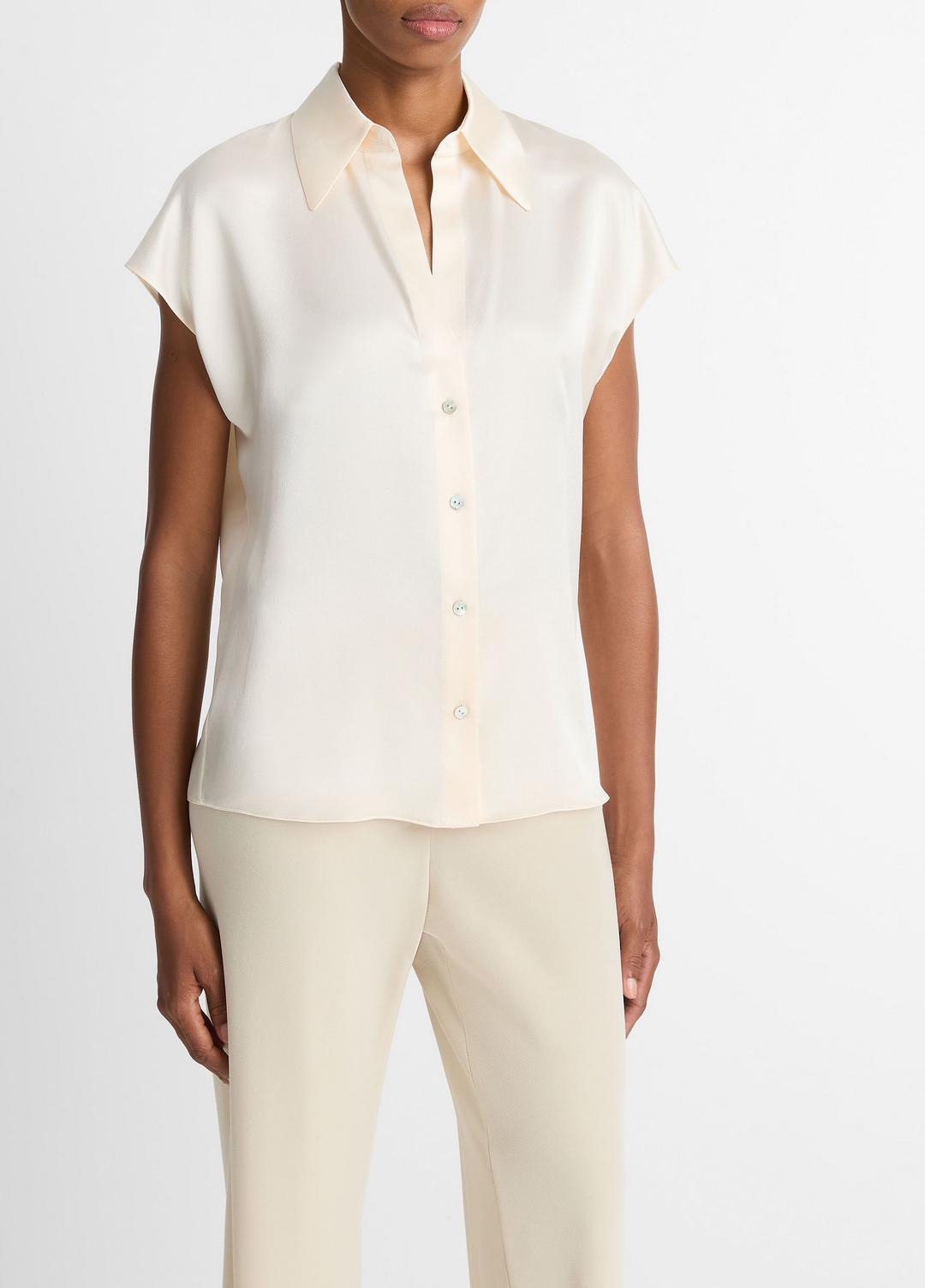 Silk Cap-Sleeve Ruched-Back Blouse in Short Sleeve | VINCE Women