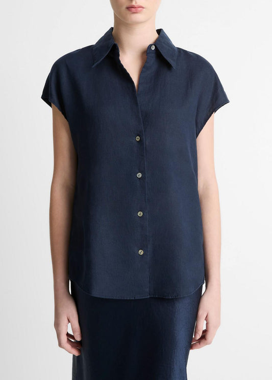 Linen Cap-Sleeve Button-Front Blouse in Short Sleeve | VINCE Women
