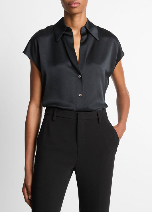 Silk Cap-Sleeve Ruched-Back Blouse in Short Sleeve | VINCE Women