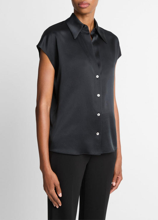 Silk Cap-Sleeve Ruched-Back Blouse in Short Sleeve | VINCE Women