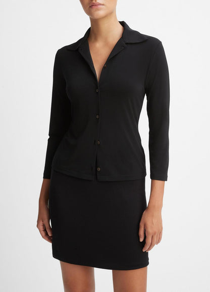 Three-Quarter-Sleeve Button-Front Polo Top in Long Sleeve | VINCE Women