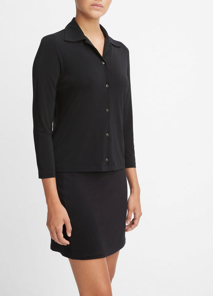 Three-Quarter-Sleeve Button-Front Polo Top in Long Sleeve | VINCE Women