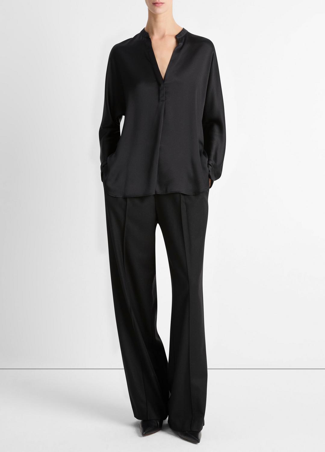 Silk Satin Band-Collar Blouse in Long Sleeve | VINCE Women