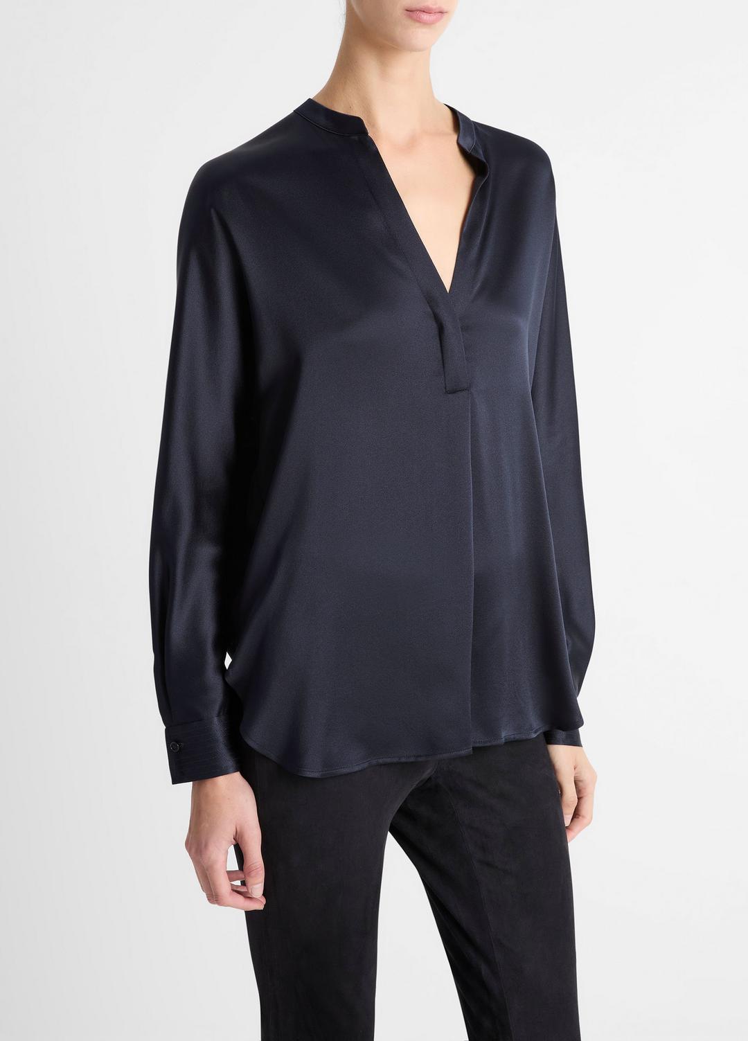 Silk Satin Band-Collar Blouse in Long Sleeve | VINCE Women