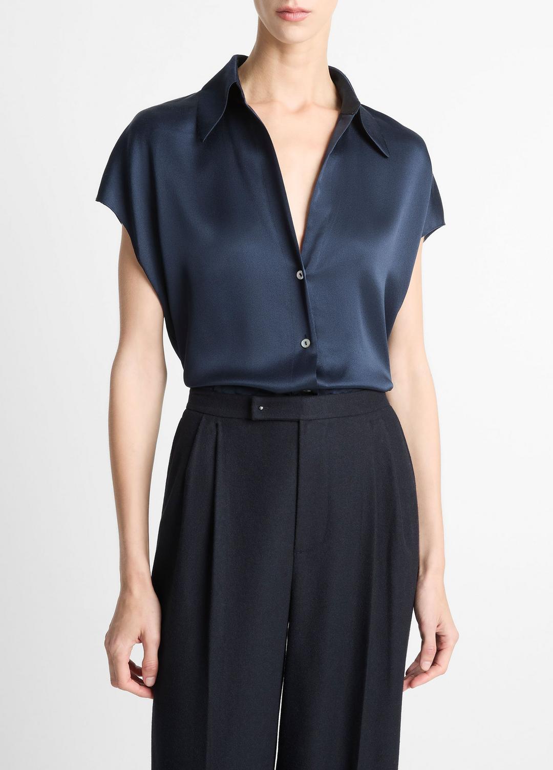 Silk Cap-Sleeve Ruched-Back Blouse in Short Sleeve | VINCE Women