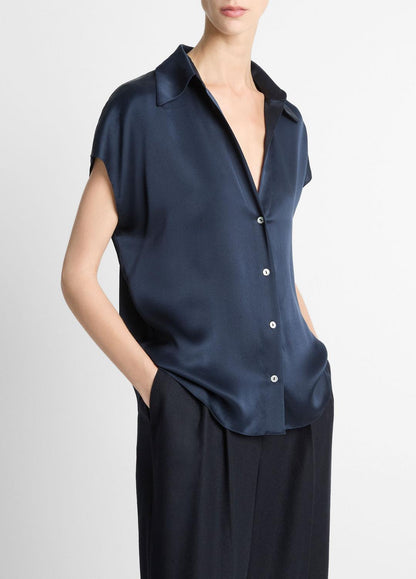 Silk Cap-Sleeve Ruched-Back Blouse in Short Sleeve | VINCE Women