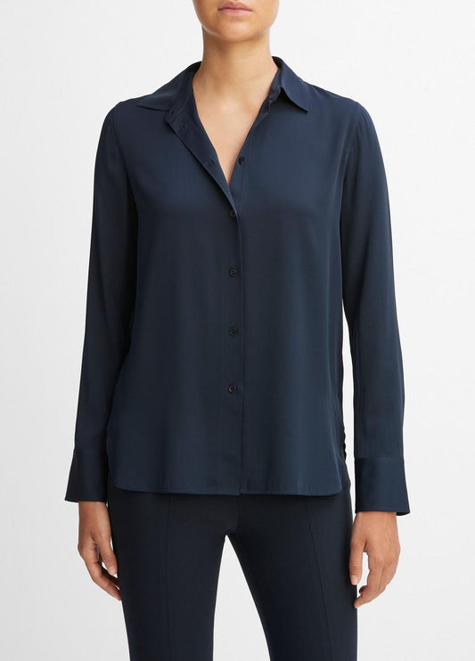 Slim Fitted Stretch-Silk Blouse in Long Sleeve | VINCE Women