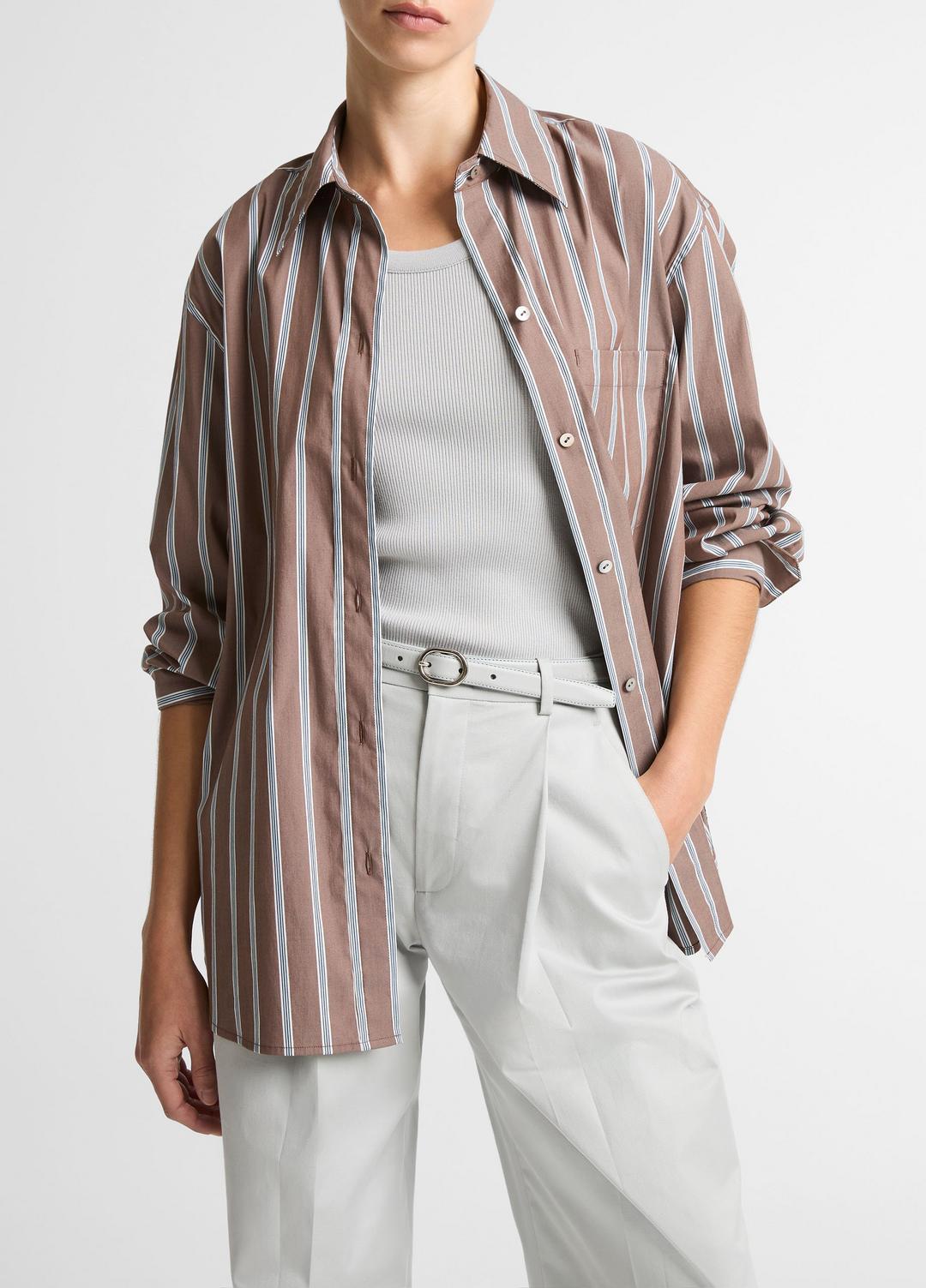 Striped Cotton-Blend Button-Front Shirt in Long Sleeve | VINCE Women