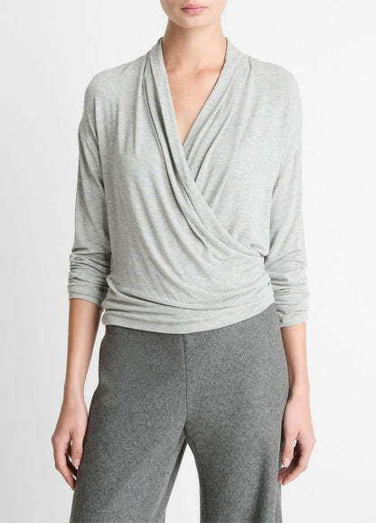 Relaxed Fixed-Wrap Jersey Top in Long Sleeve | VINCE Women