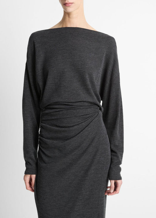 Draped Wool-Blend Slash-Neck Top in Long Sleeve | VINCE Women