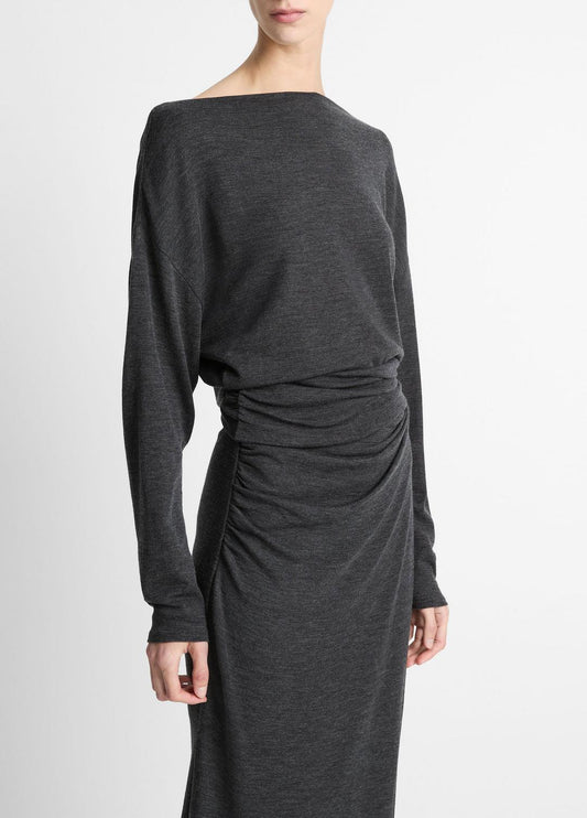Draped Wool-Blend Slash-Neck Top in Long Sleeve | VINCE Women