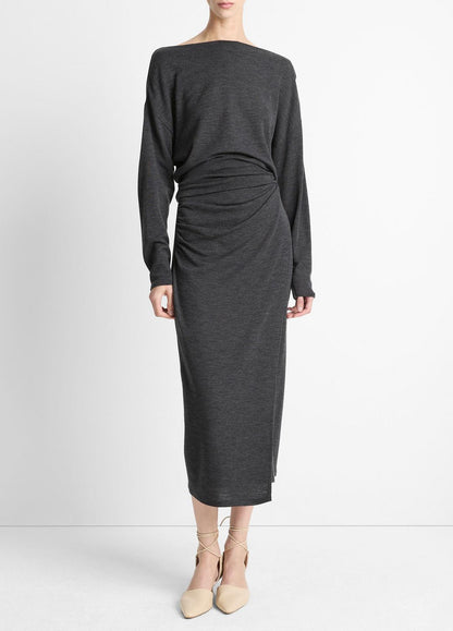 Draped Wool-Blend Slash-Neck Top in Long Sleeve | VINCE Women