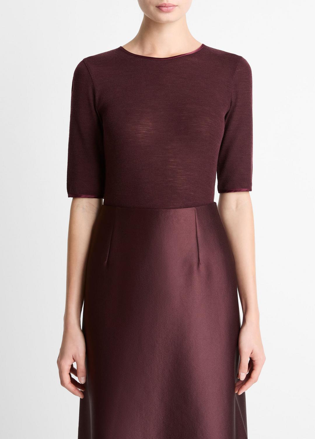 Satin-Trim Wool Elbow-Sleeve T-Shirt in Short Sleeve | VINCE Women