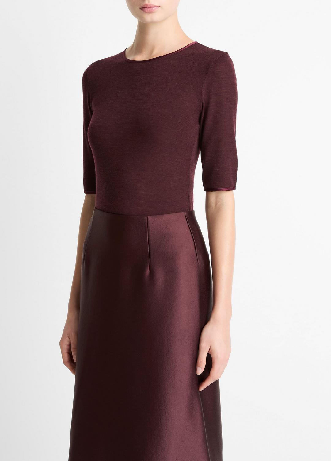 Satin-Trim Wool Elbow-Sleeve T-Shirt in Short Sleeve | VINCE Women