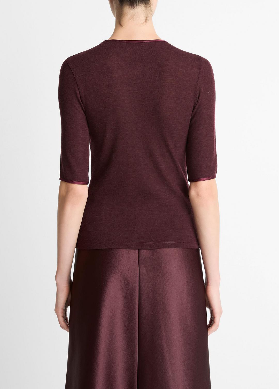 Satin-Trim Wool Elbow-Sleeve T-Shirt in Short Sleeve | VINCE Women