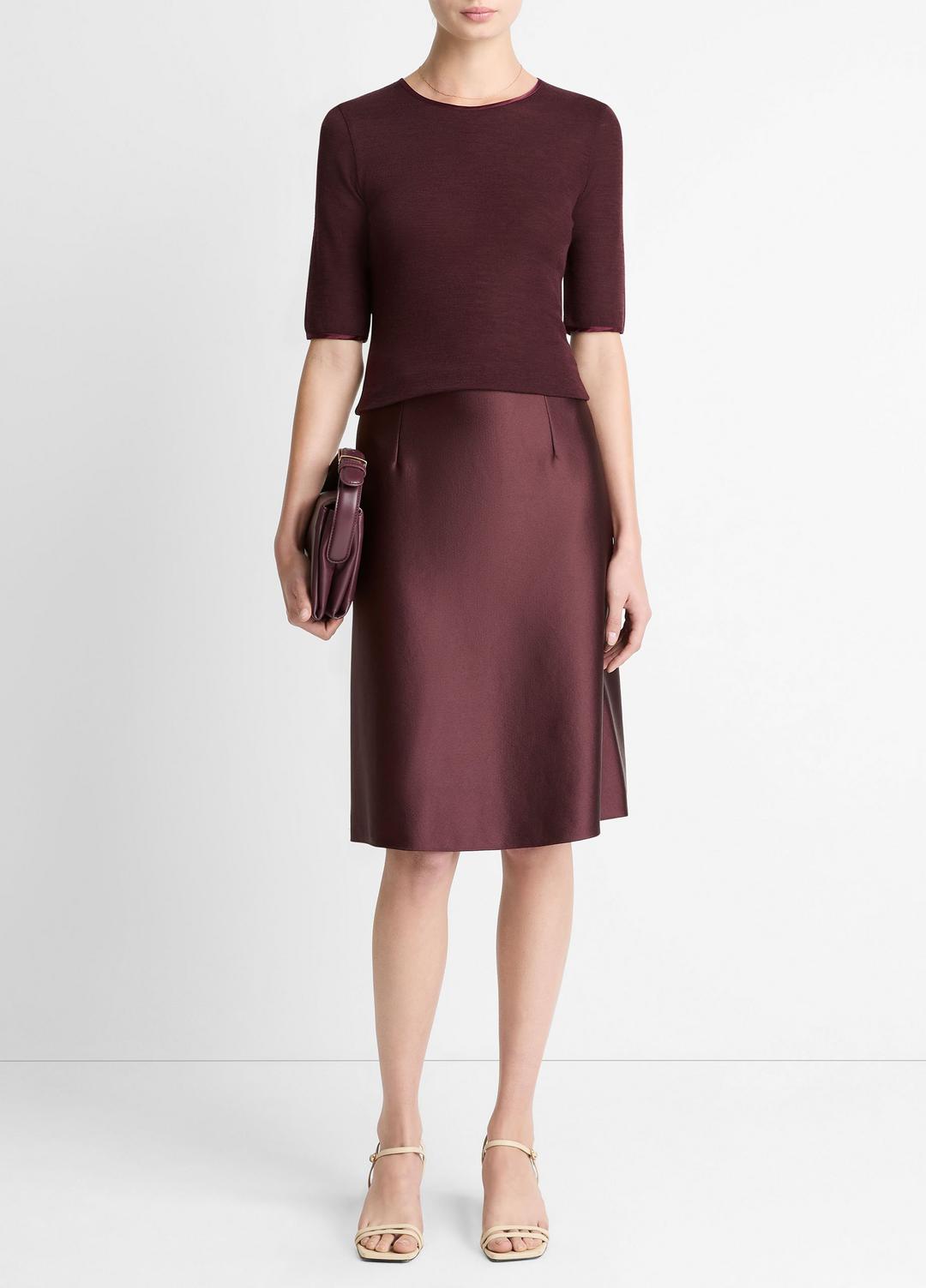 Satin-Trim Wool Elbow-Sleeve T-Shirt in Short Sleeve | VINCE Women