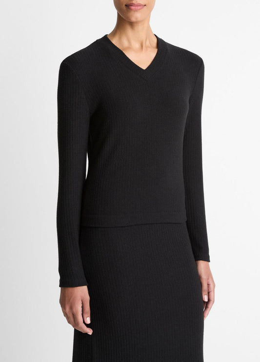 Cozy Rib High V-Neck Top in Long Sleeve | VINCE Women