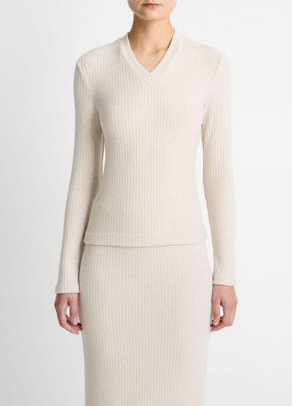 Cozy Rib High V-Neck Top in Long Sleeve | VINCE Women