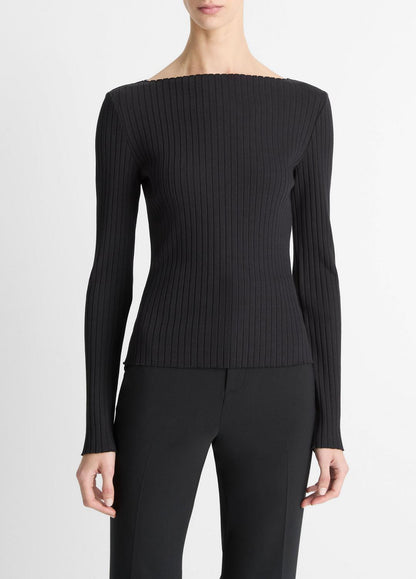 Ribbed Cotton-Blend Slash-Neck Long-Sleeve Top in Long Sleeve | VINCE Women
