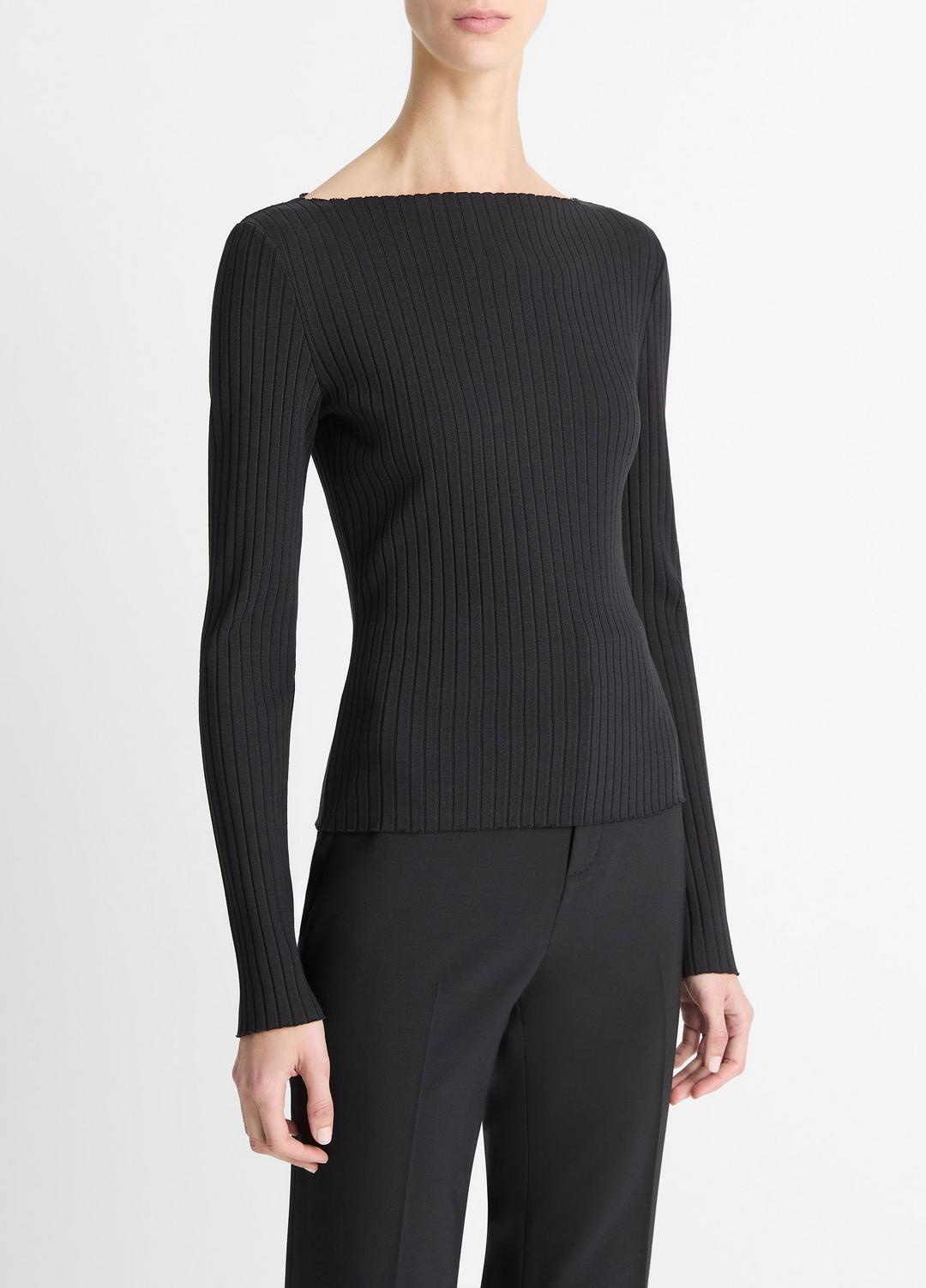 Ribbed Cotton-Blend Slash-Neck Long-Sleeve Top in Long Sleeve | VINCE Women