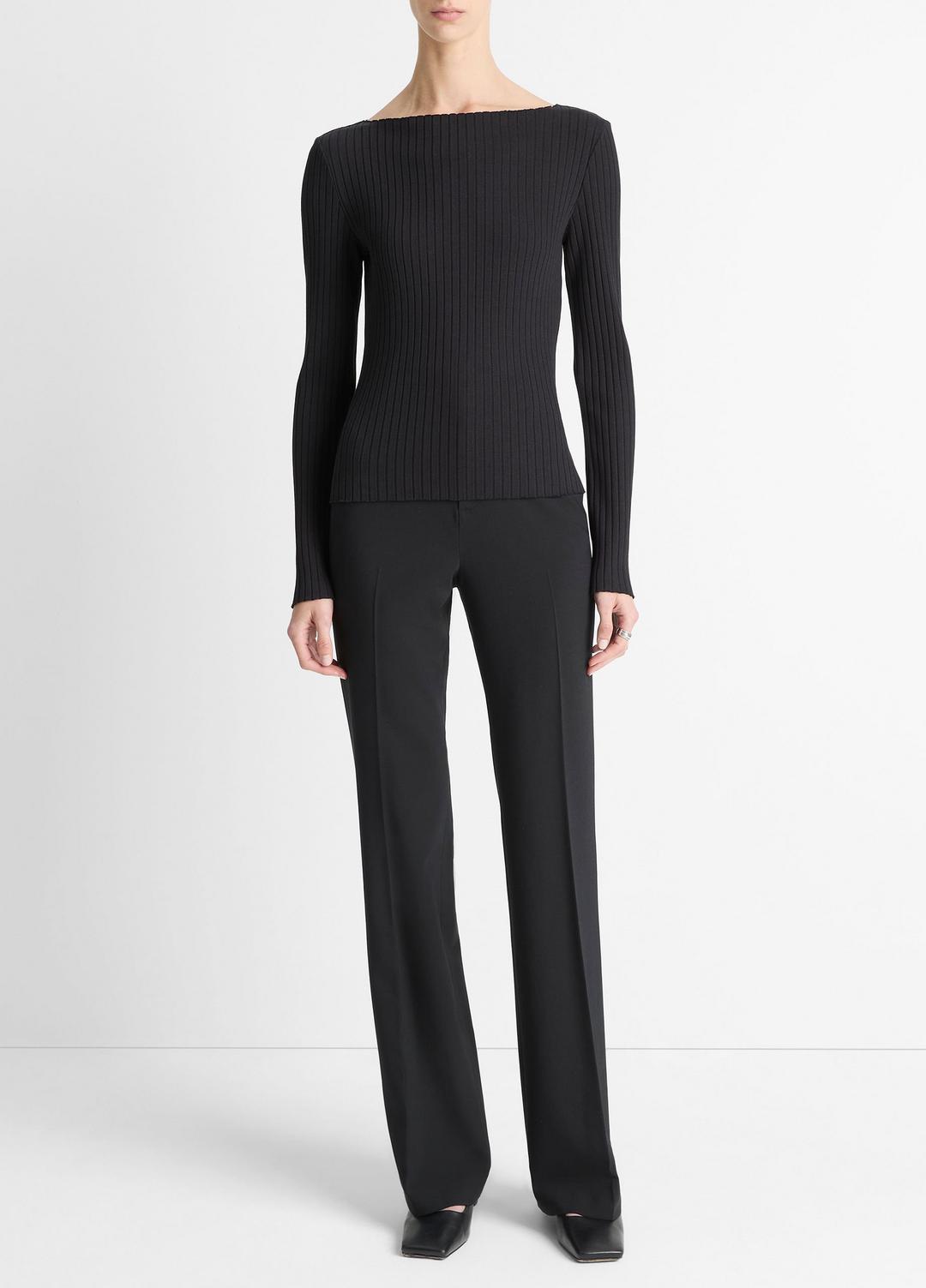 Ribbed Cotton-Blend Slash-Neck Long-Sleeve Top in Long Sleeve | VINCE Women