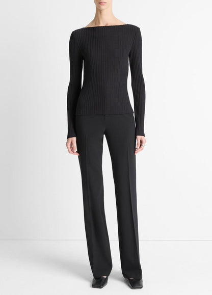 Ribbed Cotton-Blend Slash-Neck Long-Sleeve Top in Long Sleeve | VINCE Women