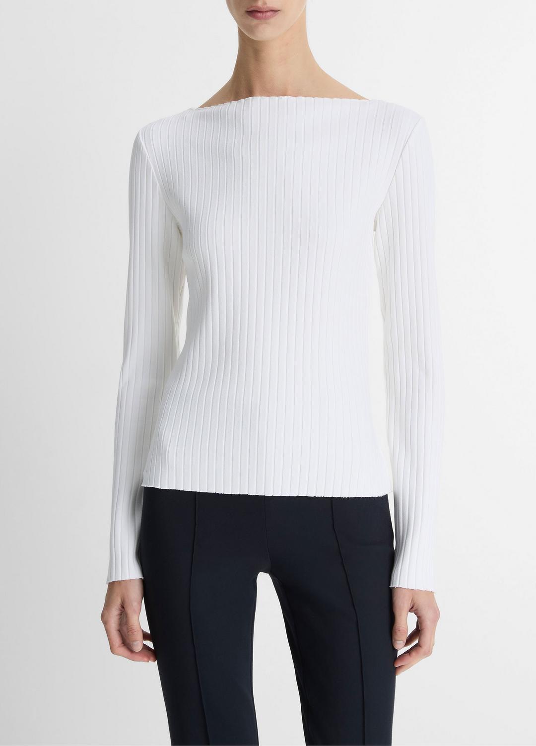 Ribbed Cotton-Blend Slash-Neck Long-Sleeve Top in Long Sleeve | VINCE Women