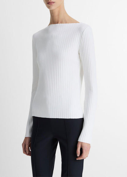 Ribbed Cotton-Blend Slash-Neck Long-Sleeve Top in Long Sleeve | VINCE Women