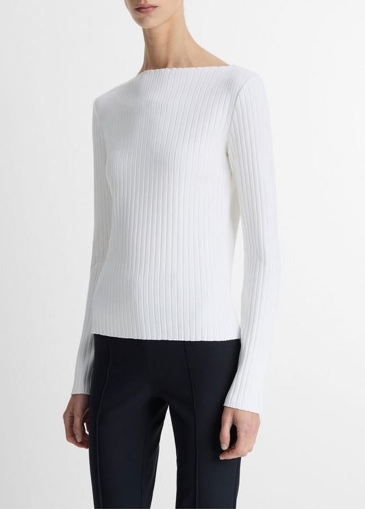 Ribbed Cotton-Blend Slash-Neck Long-Sleeve Top in Long Sleeve | VINCE Women
