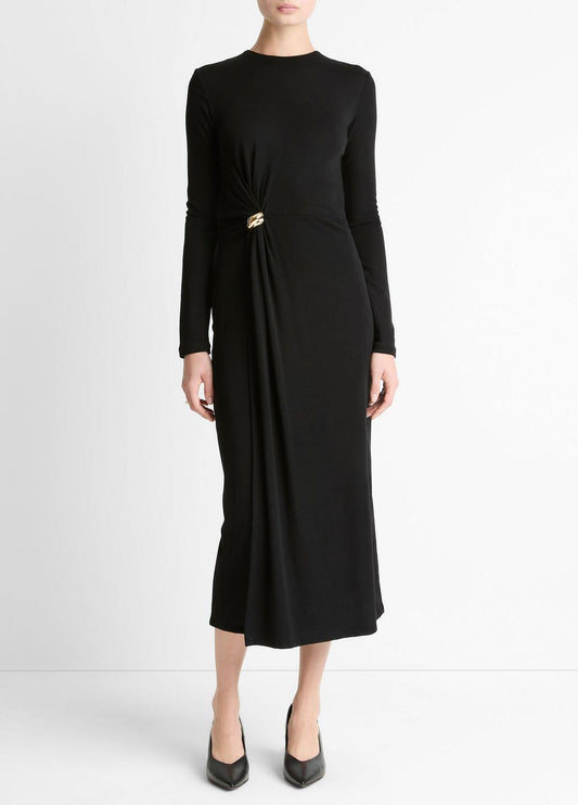 Cinched-Waist Wool-Blend Long-Sleeve Dress in Dresses | VINCE Women