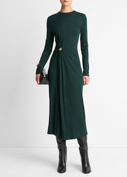 Cinched-Waist Wool-Blend Long-Sleeve Dress in Dresses | VINCE Women