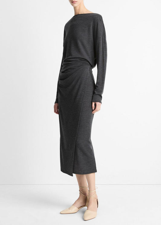Draped-Waist Wool-Blend Midi Skirt in Skirts | VINCE Women