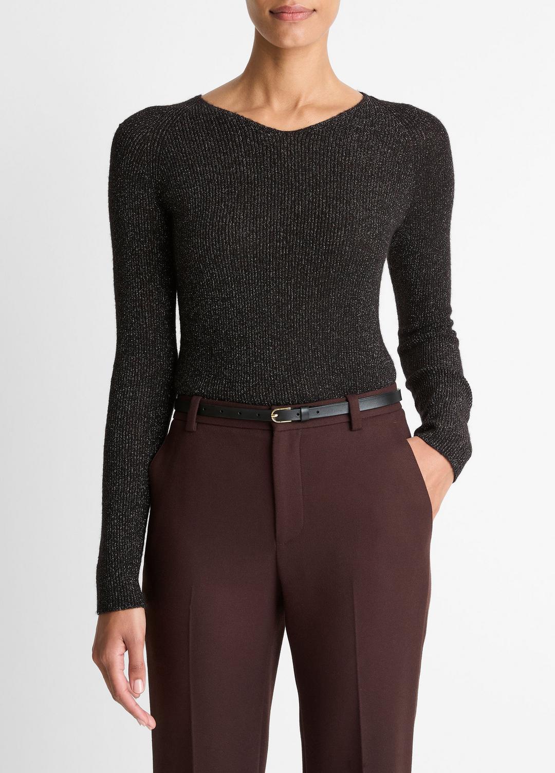 Metallic Ribbed High V-Neck Sweater in Vince Products Women | VINCE Women