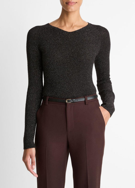 Metallic Ribbed High V-Neck Sweater in Vince Products Women | VINCE Women