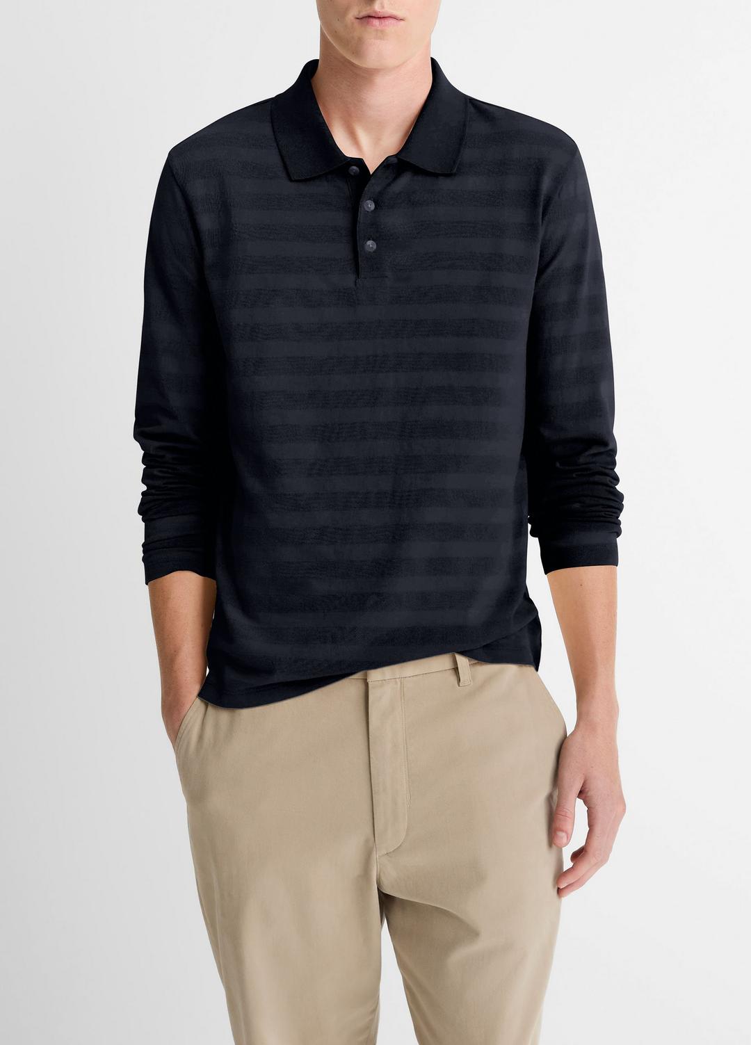 Jacquard-Stripe Cotton Long-Sleeve Polo Shirt in Long Sleeve | VINCE Men