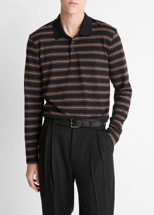 Striped Cotton-Blend Long-Sleeve Polo Shirt in Henleys & Polos | VINCE Men