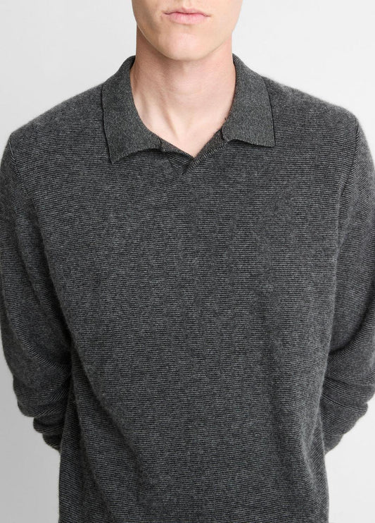 Feed Stripe Plush Cashmere Johnny-Collar Sweater in Cashmere | VINCE Men