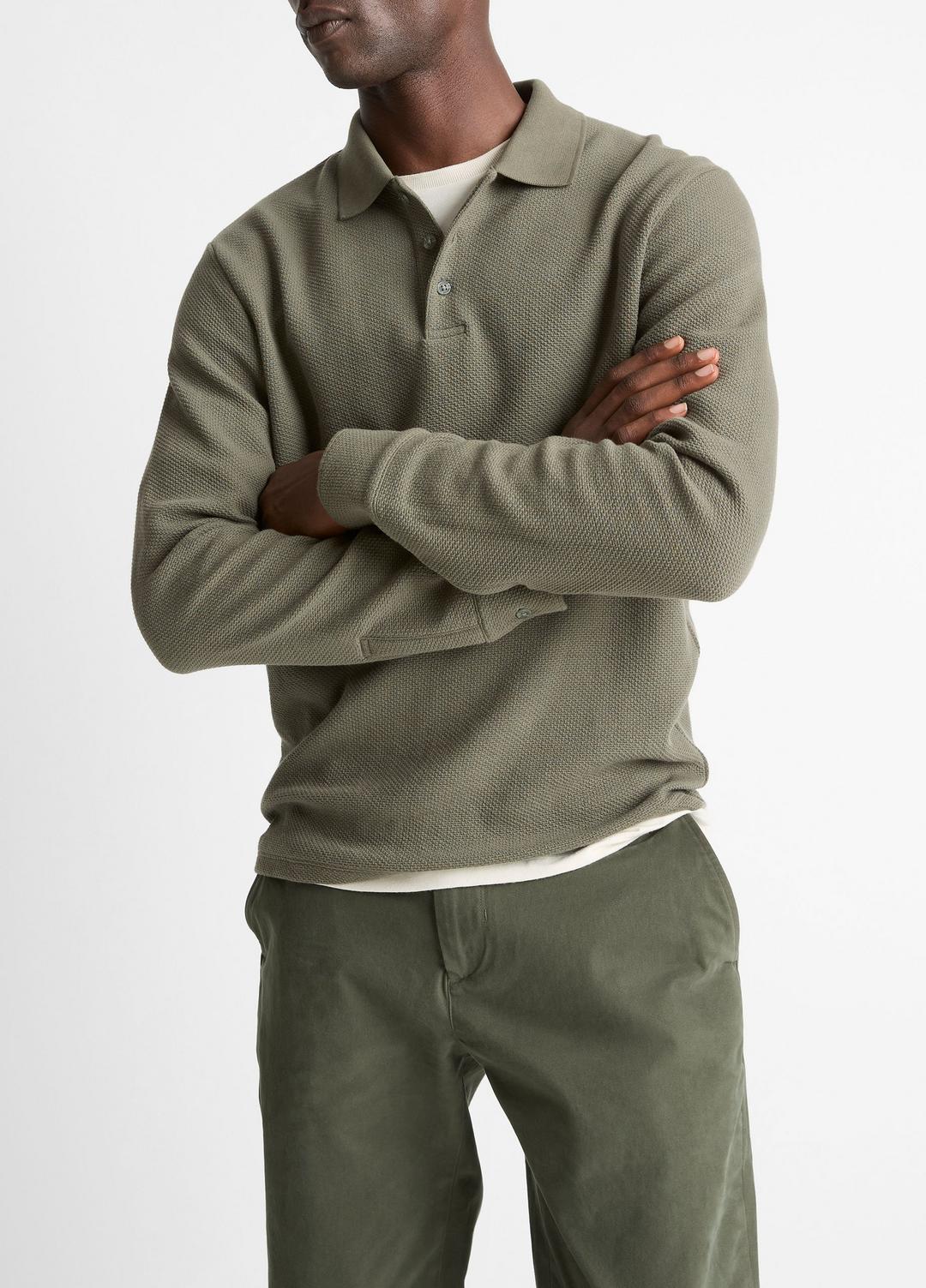 Basket-Weave Cotton Long-Sleeve Polo Shirt in Henleys & Polos | VINCE Men